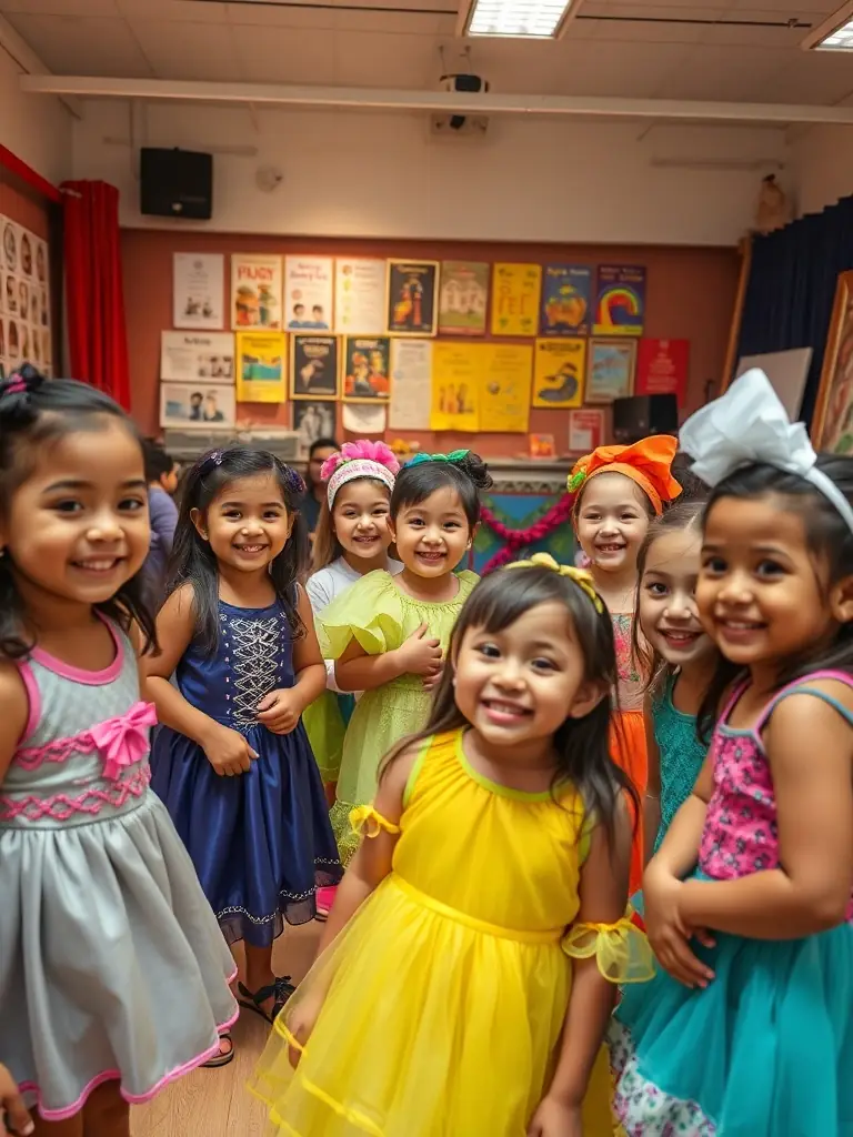 A vibrant photo of children and adults of diverse backgrounds participating together in a circus arts workshop, with colorful props and joyful expressions, inside a welcoming community center.