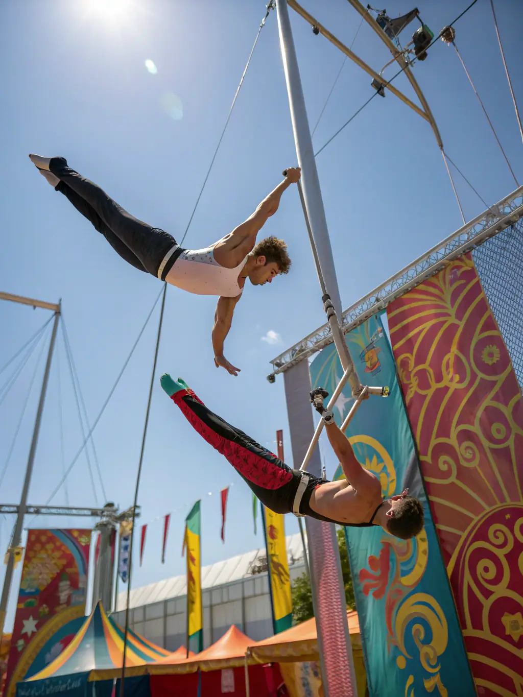 A vibrant photo of children and adults participating together in a circus arts workshop, juggling and balancing in a sunlit studio, capturing the energy and inclusivity of the session.