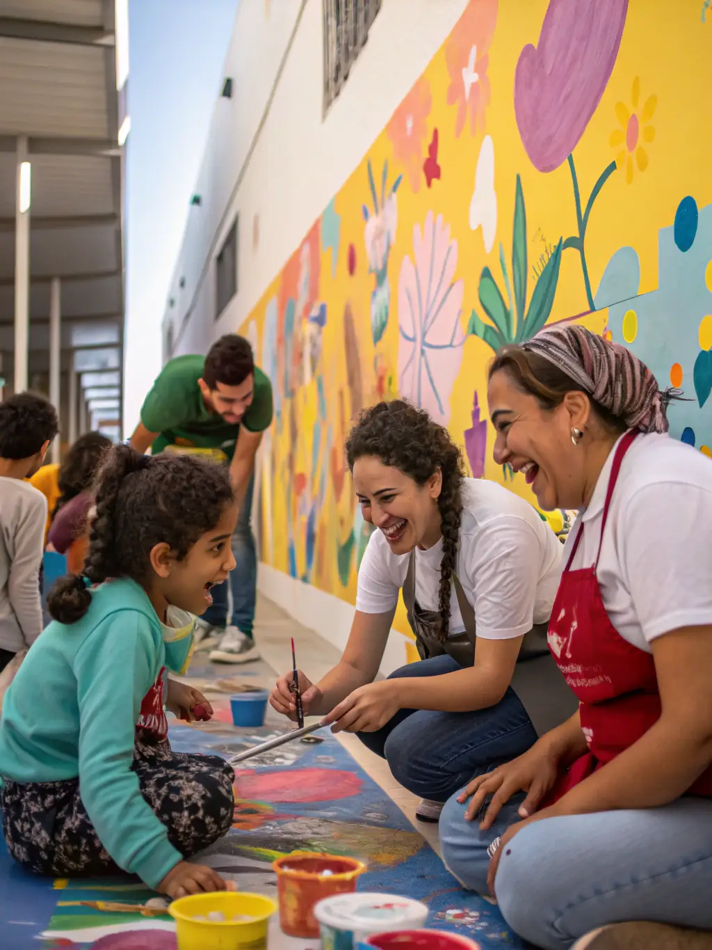A festive scene of local artists, children, and families co-creating a mural during a cultural festival organized by EVENT & BB, with paint, laughter, and music in the air.