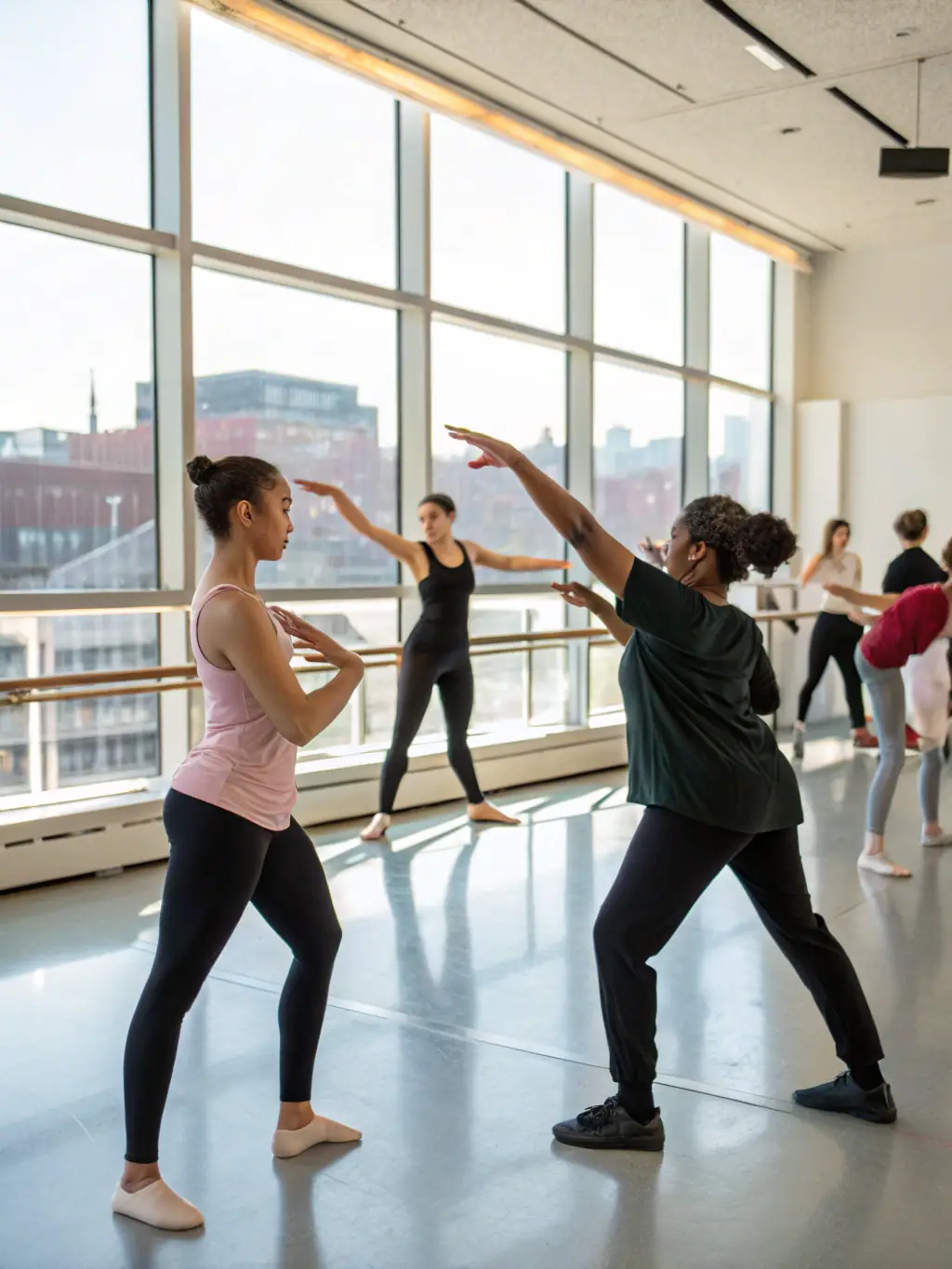 A dynamic image of a group dance rehearsal with participants of various ages, led by a professional instructor, in a spacious dance hall with mirrors and wooden floors.