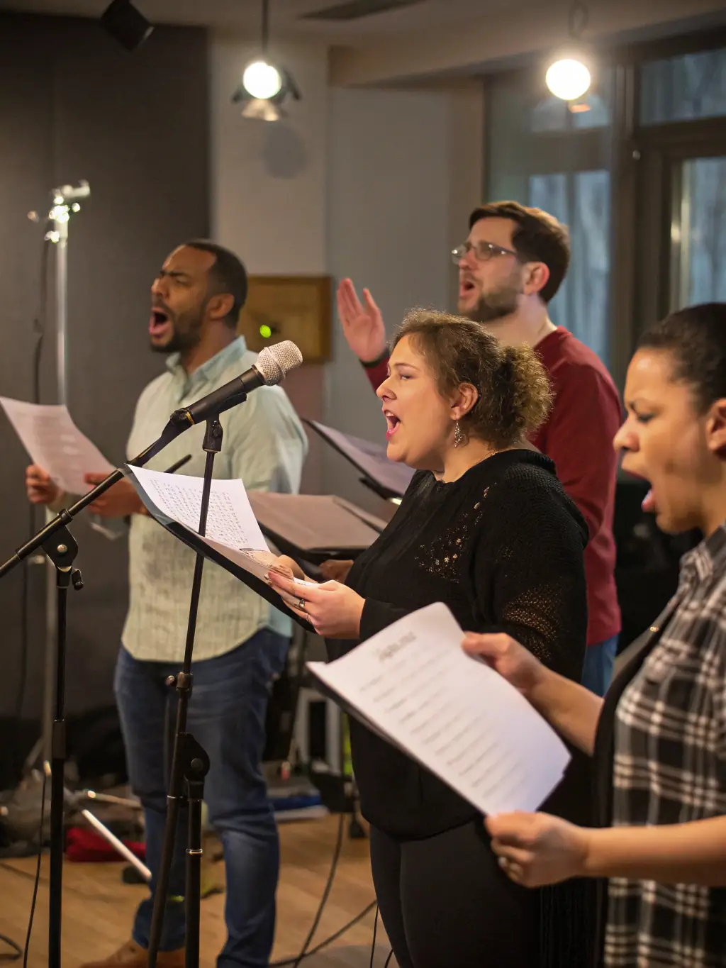 A close-up of a singing workshop, showing a diverse group of people singing together, some reading sheet music, with a passionate vocal coach guiding them.