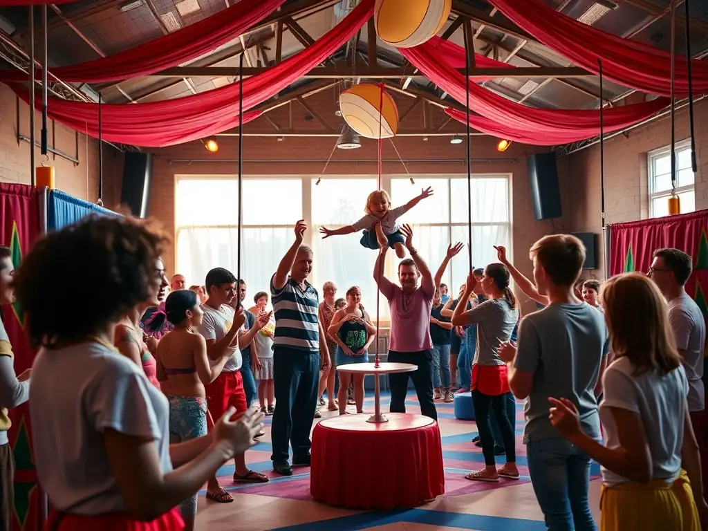 A dynamic photo of children and adults participating in a circus arts workshop, with colorful props and a joyful atmosphere, taken in a community center setting to illustrate active engagement.