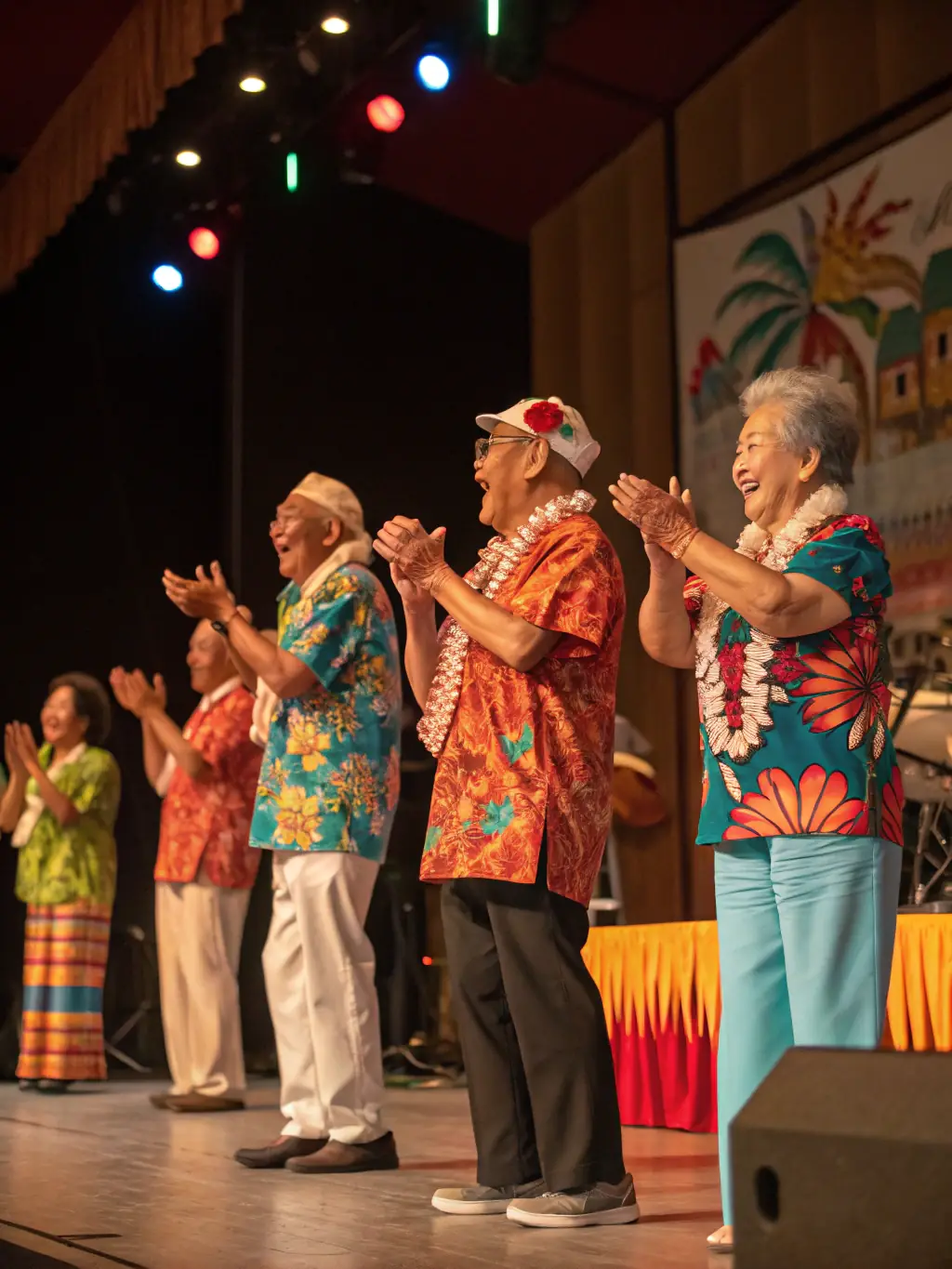 A dynamic image of elderly and young performers sharing the stage during an intergenerational dance and singing event, with warm lighting and an enthusiastic audience.