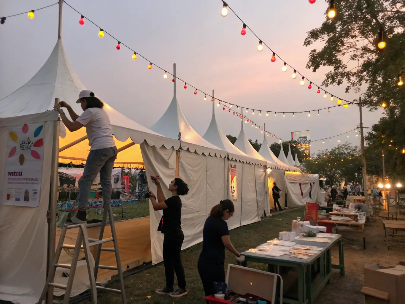 A candid photo of volunteers and staff collaborating to set up an outdoor performance space, with banners and equipment, highlighting teamwork and community involvement.