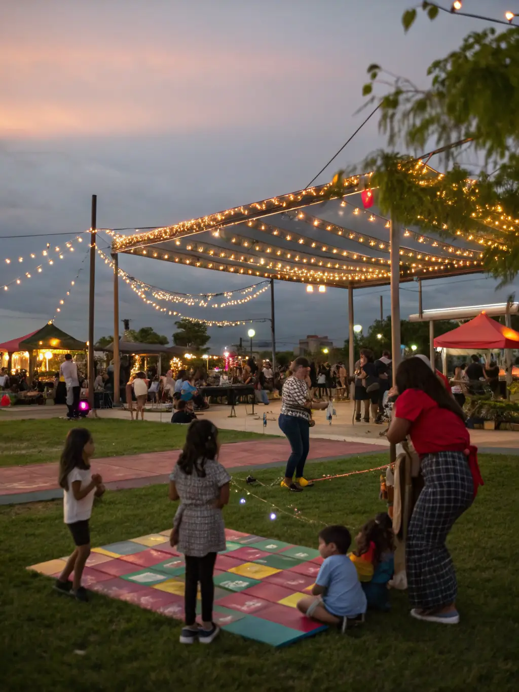 A festive scene from a community cultural event organized by EVENT & BB, with families enjoying a live outdoor performance under colorful banners and lights.